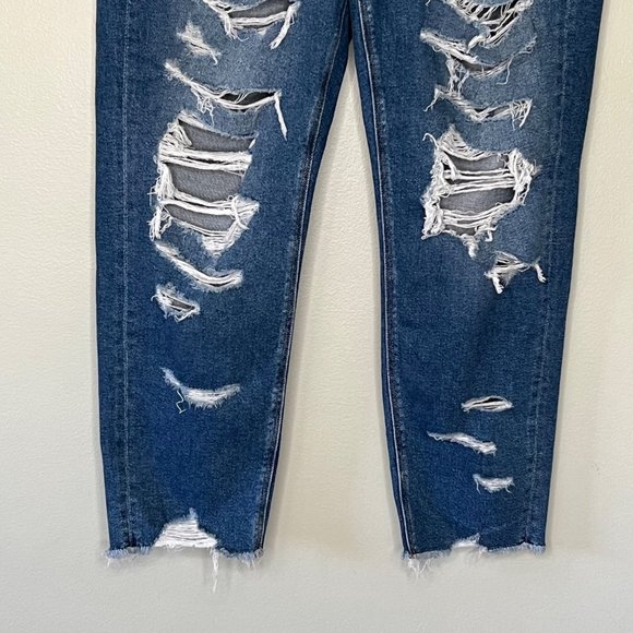 American Eagle Womens Blue Ripped Mom Jeans SIze 14 Stretch Distressed Denim - Picture 4 of 13